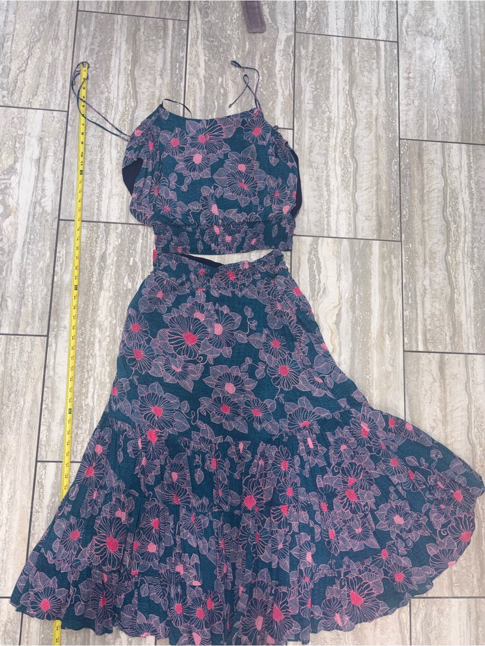 Free People MEDIUM Morning Sun Top & Floral Blue High-Low Ruffle Maxi Skirt NWOT - Picture 8 of 8